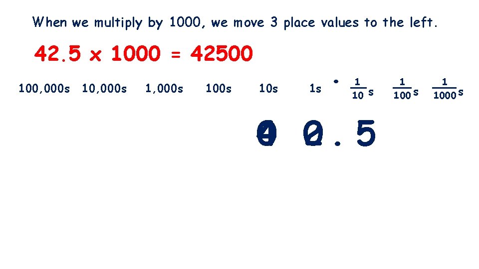 When we multiply by 1000, we move 3 place values to the left. 42.