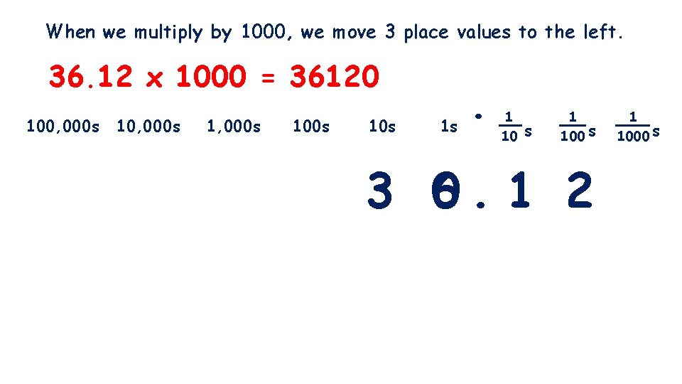 When we multiply by 1000, we move 3 place values to the left. 36.
