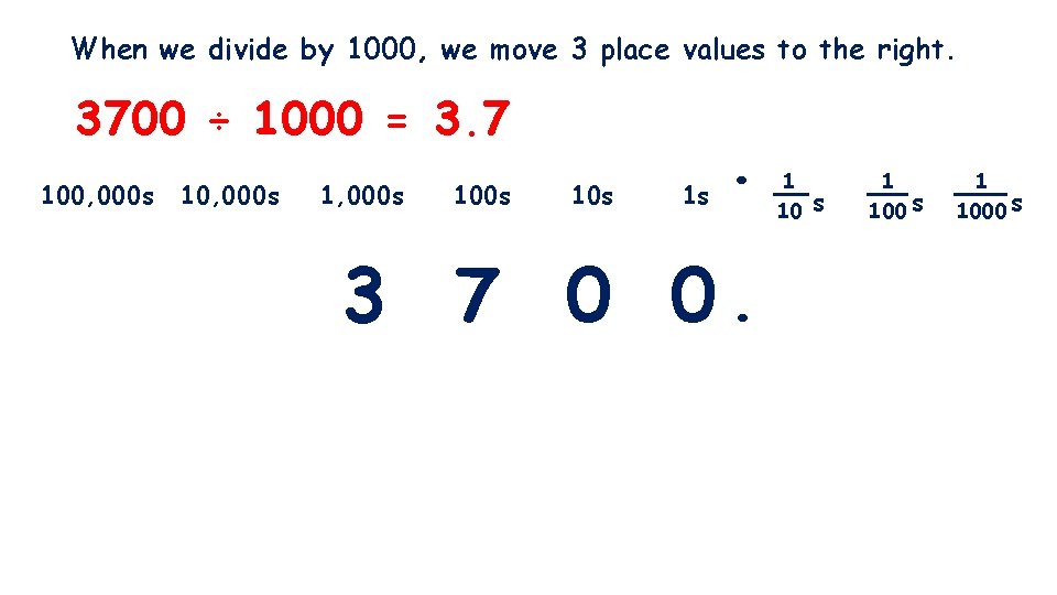 When we divide by 1000, we move 3 place values to the right. 3700