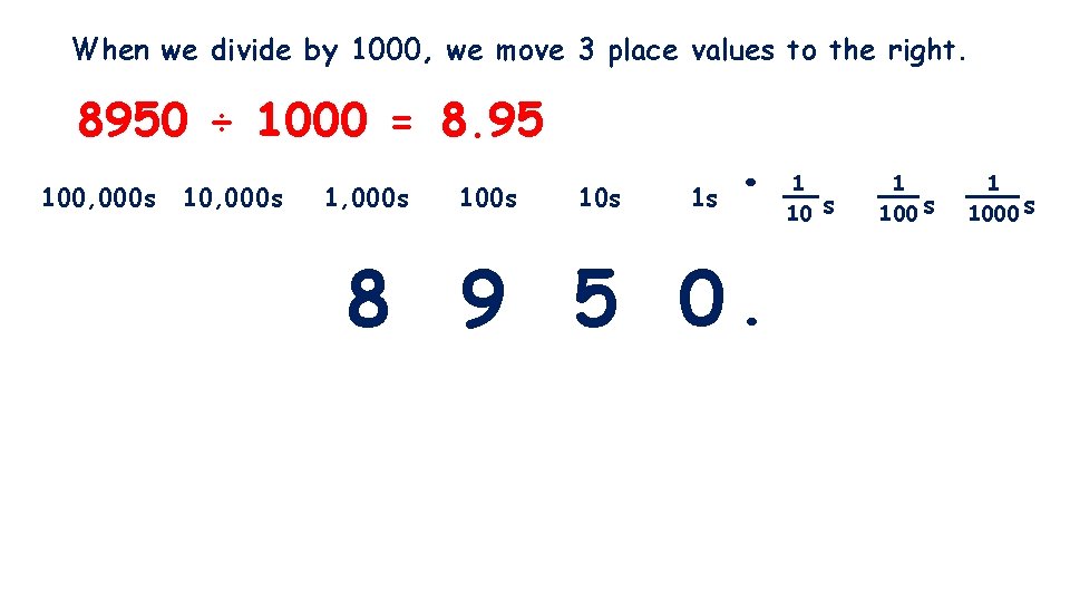 When we divide by 1000, we move 3 place values to the right. 8950