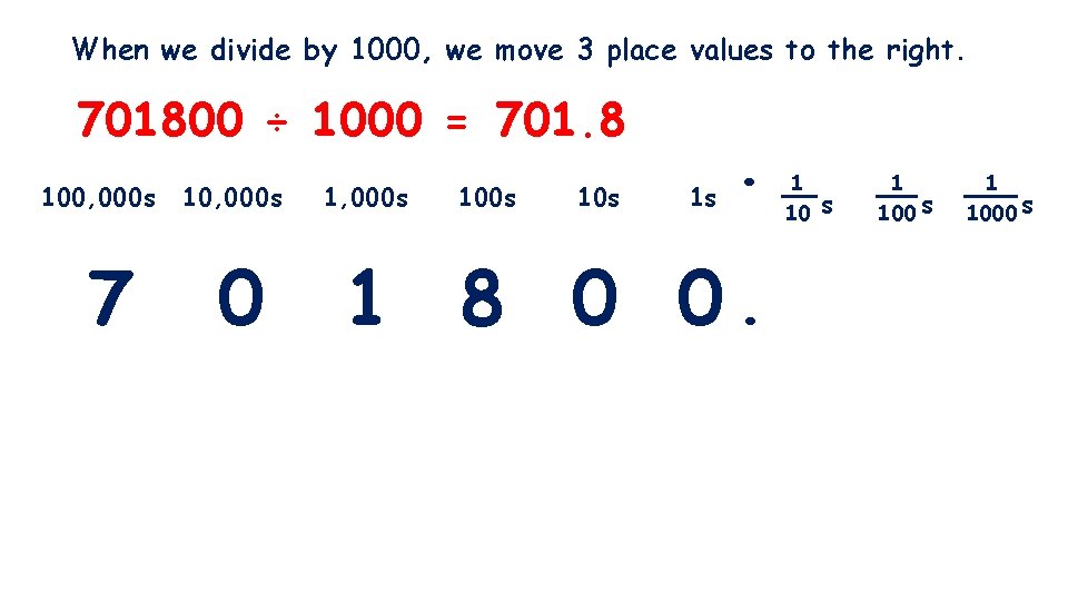 When we divide by 1000, we move 3 place values to the right. 701800