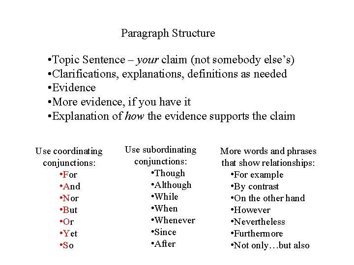 Paragraph Structure • Topic Sentence – your claim (not somebody else’s) • Clarifications, explanations,