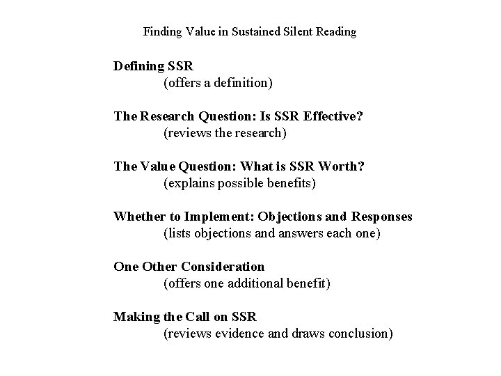 Finding Value in Sustained Silent Reading Defining SSR (offers a definition) The Research Question: