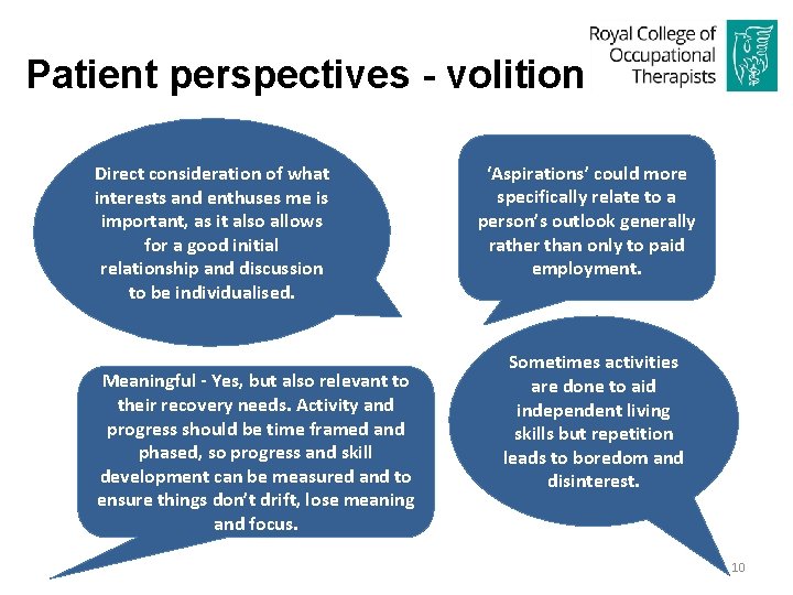 Patient perspectives - volition Direct consideration of what interests and enthuses me is important,