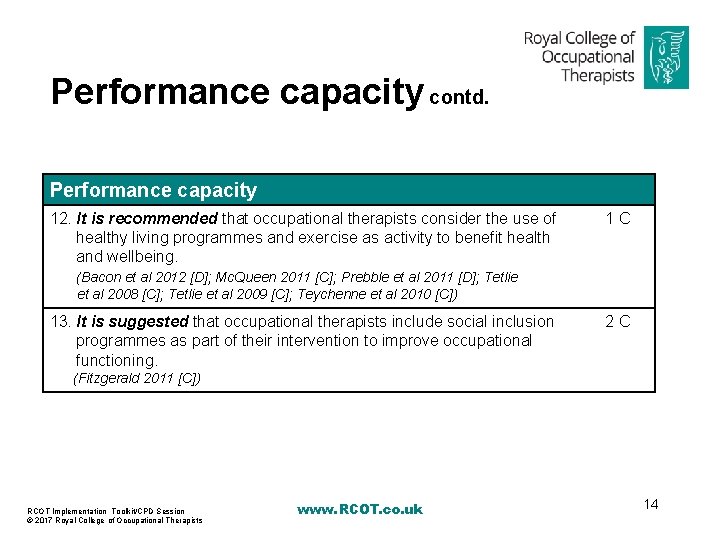 Performance capacity contd. Performance capacity 12. It is recommended that occupational therapists consider the