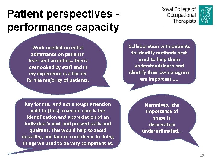 Patient perspectives performance capacity Work needed on initial admittance on patients’ fears and anxieties…this