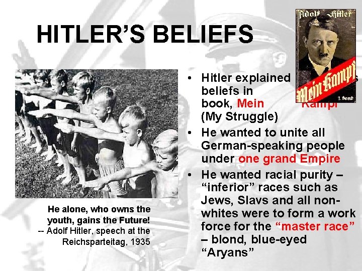 HITLER’S BELIEFS He alone, who owns the youth, gains the Future! -- Adolf Hitler,
