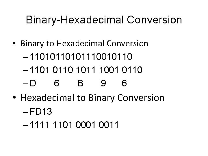 Binary-Hexadecimal Conversion • Binary to Hexadecimal Conversion – 110101110010110 – 1101 0110 1011 1001