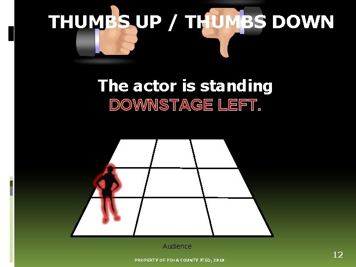 THUMBS UP / THUMBS DOWN The actor is standing DOWNSTAGE LEFT. Audience PROPERTY OF