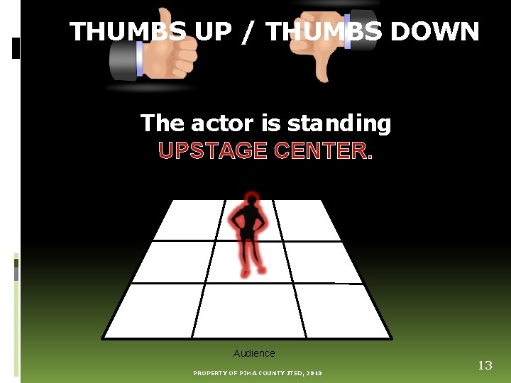 THUMBS UP / THUMBS DOWN The actor is standing UPSTAGE CENTER. Audience PROPERTY OF