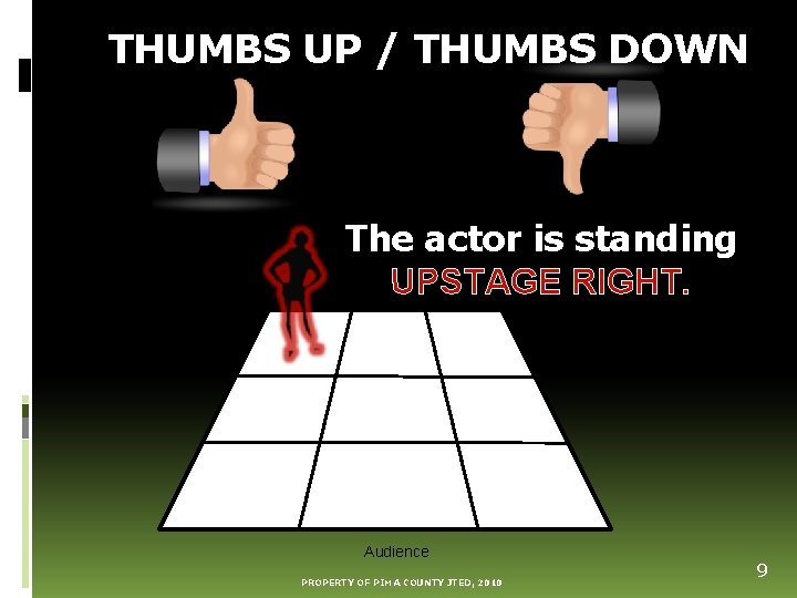 THUMBS UP / THUMBS DOWN The actor is standing UPSTAGE RIGHT. Audience PROPERTY OF