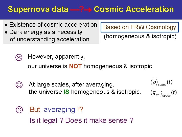 Supernova data ? Cosmic Acceleration Existence of cosmic acceleration Based on FRW Cosmology Dark