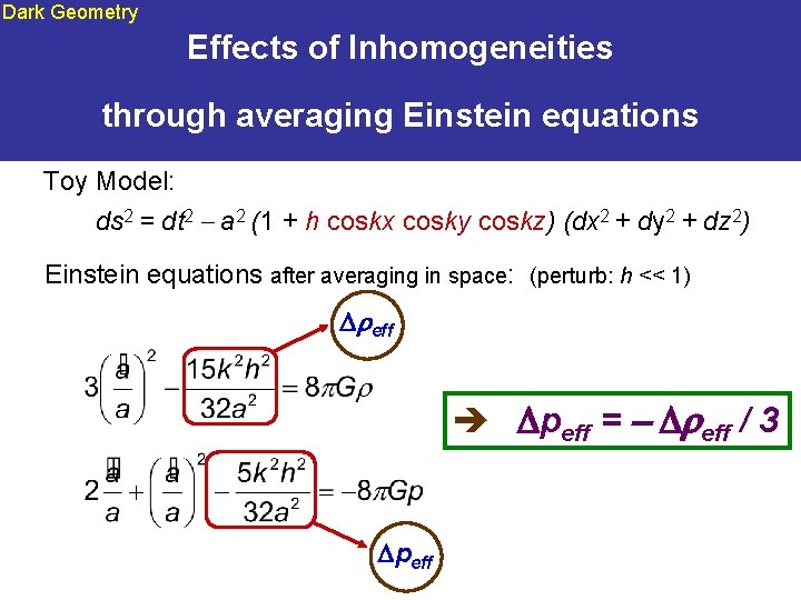 Dark Geometry Effects of Inhomogeneities through averaging Einstein equations Toy Model: ds 2 =