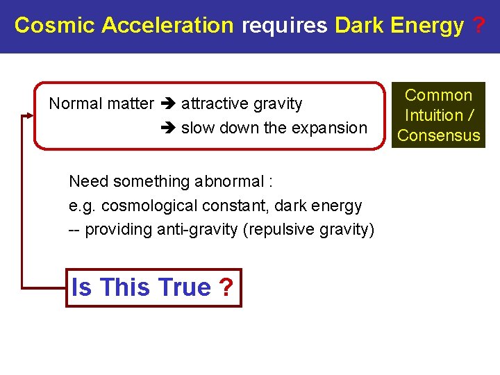 Cosmic Acceleration requires Dark Energy ? Normal matter attractive gravity slow down the expansion