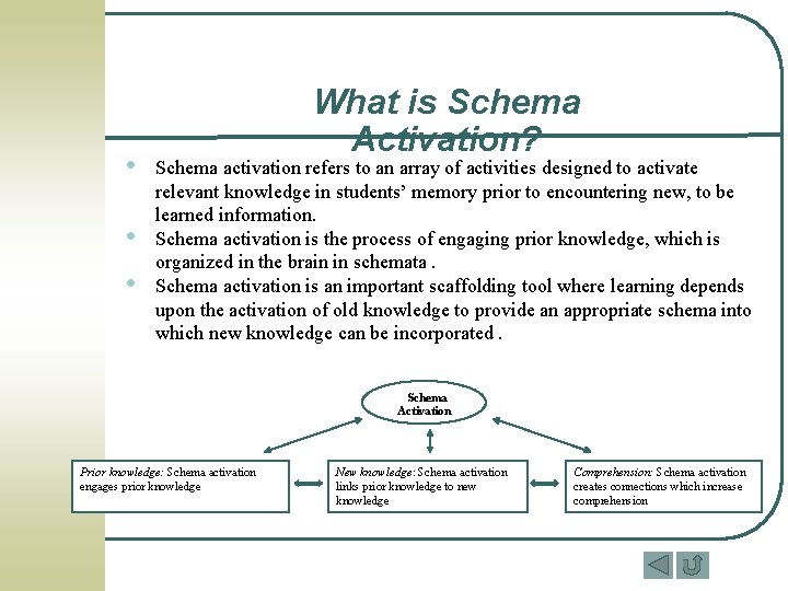  • • • What is Schema Activation? Schema activation refers to an array