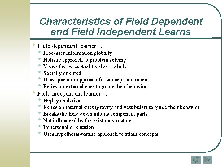 Characteristics of Field Dependent and Field Independent Learns • Field dependent learner… • • Characteristics of Field Dependent and Field Independent Learns • Field dependent learner… • •