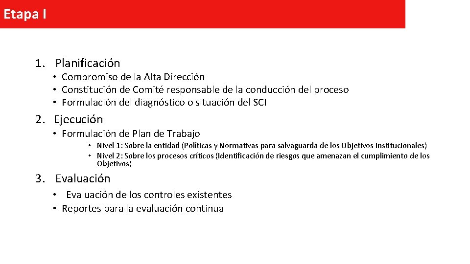 Etapa I 1. Planificación • Compromiso de la Alta Dirección • Constitución de Comité