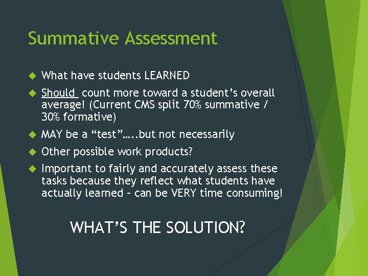 Summative Assessment What have students LEARNED Should count more toward a student’s overall average!
