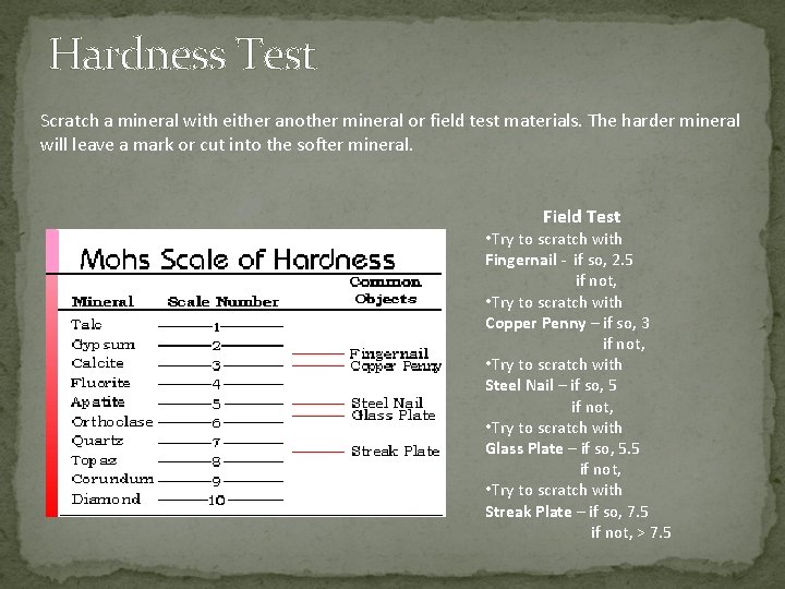 Hardness Test Scratch a mineral with either another mineral or field test materials. The