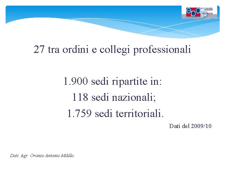 27 tra ordini e collegi professionali 1. 900 sedi ripartite in: 118 sedi nazionali;