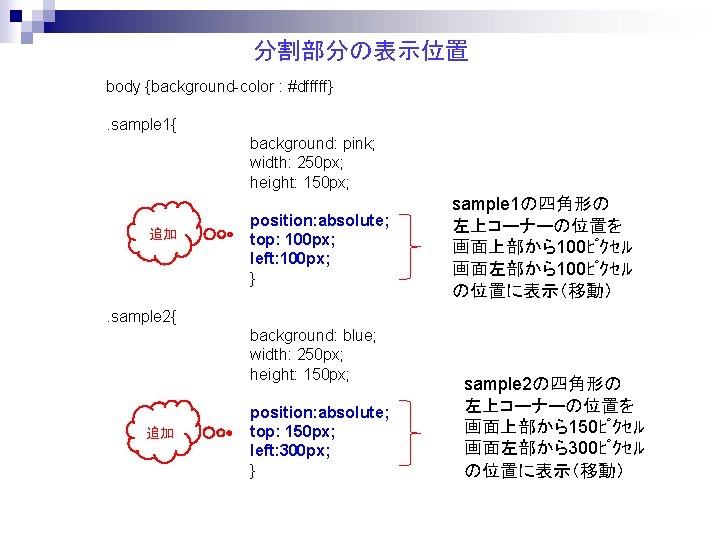 分割部分の表示位置 body {background-color : #dfffff}. sample 1{ background: pink; width: 250 px; height: 150