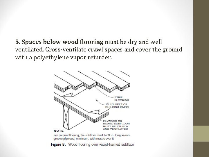 5. Spaces below wood flooring must be dry and well ventilated. Cross-ventilate crawl spaces