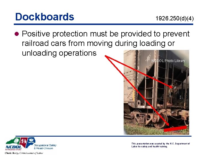 Dockboards 1926. 250(d)(4) l Positive protection must be provided to prevent railroad cars from Dockboards 1926. 250(d)(4) l Positive protection must be provided to prevent railroad cars from