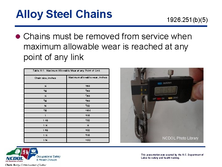 Alloy Steel Chains 1926. 251(b)(5) l Chains must be removed from service when maximum Alloy Steel Chains 1926. 251(b)(5) l Chains must be removed from service when maximum