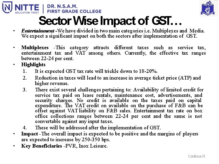 Sector Wise Impact of GST… • Entertainment -We have divided in two main categories