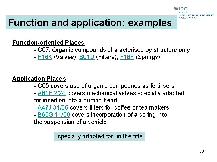 Function and application: examples Function-oriented Places - C 07: Organic compounds characterised by structure