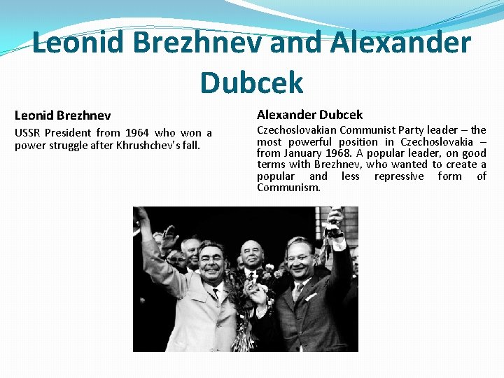 Leonid Brezhnev and Alexander Dubcek Leonid Brezhnev USSR President from 1964 who won a