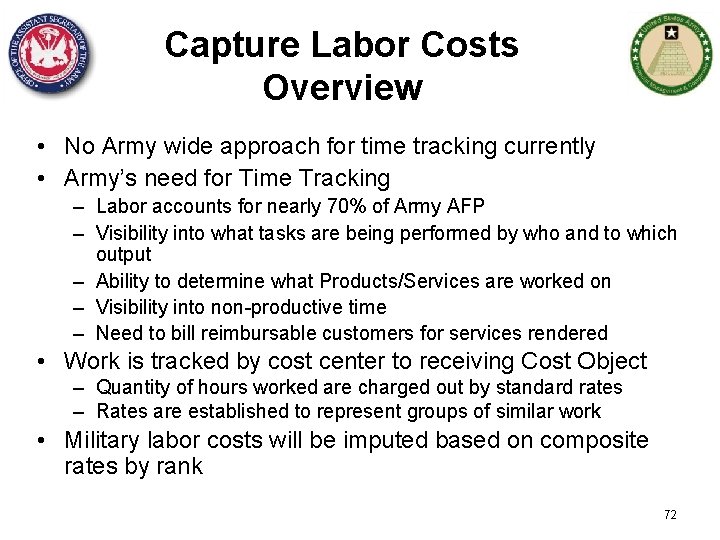 Capture Labor Costs Overview • No Army wide approach for time tracking currently •
