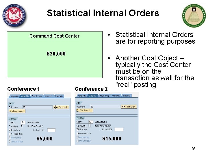 Statistical Internal Orders • Statistical Internal Orders are for reporting purposes Command Cost Center
