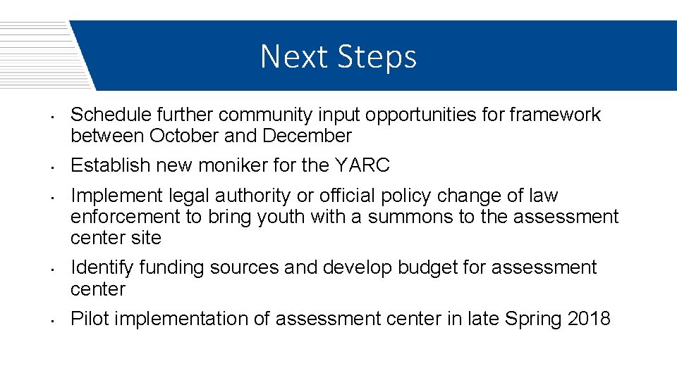 Next Steps • • • Schedule further community input opportunities for framework between October