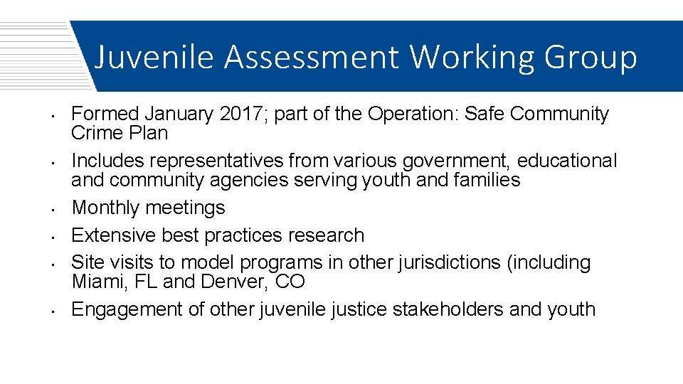 Juvenile Assessment Working Group • • • Formed January 2017; part of the Operation: