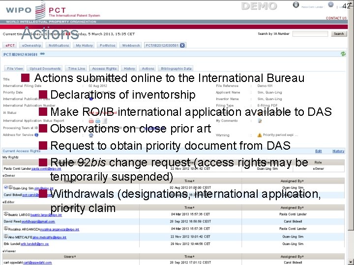 42 Actions submitted online to the International Bureau Declarations of inventorship Make RO/IB international