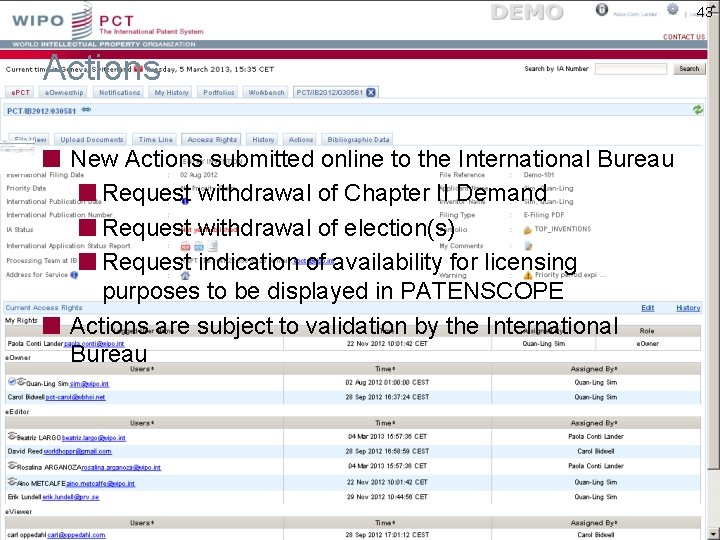 43 Actions New Actions submitted online to the International Bureau Request withdrawal of Chapter