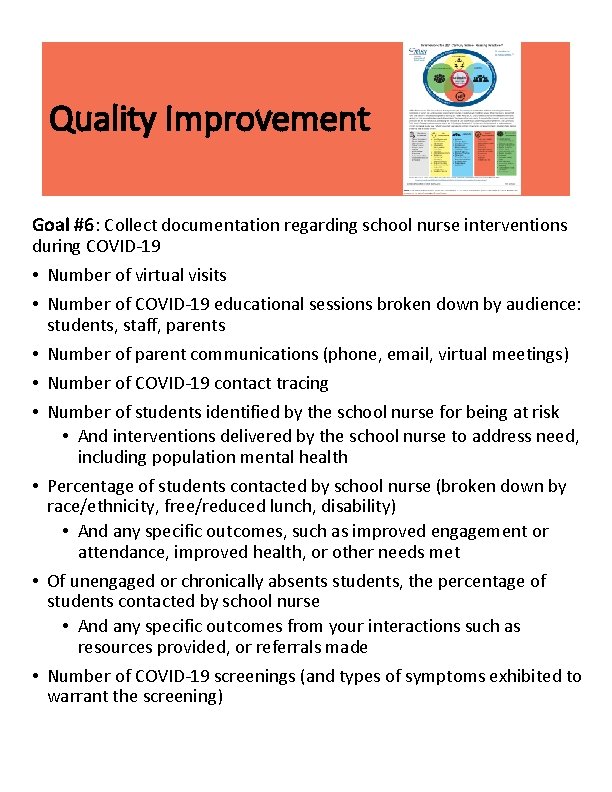 Quality Improvement Goal #6: Collect documentation regarding school nurse interventions during COVID-19 • Number