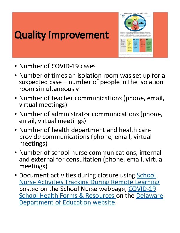 Quality Improvement • Number of COVID-19 cases • Number of times an isolation room