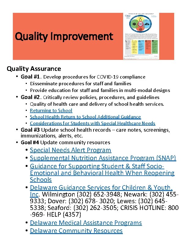 Quality Improvement Quality Assurance • Goal #1. Develop procedures for COVID-19 compliance • Disseminate