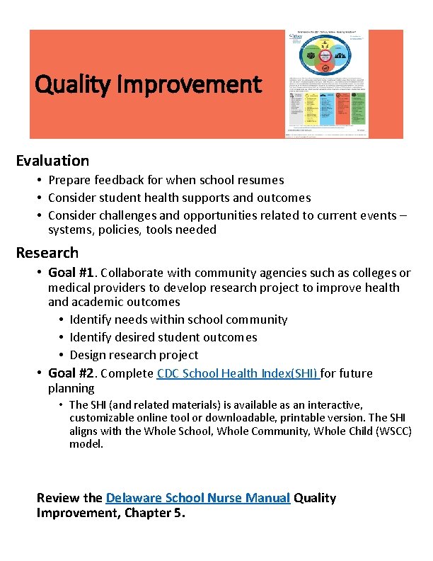 Quality Improvement Evaluation • Prepare feedback for when school resumes • Consider student health
