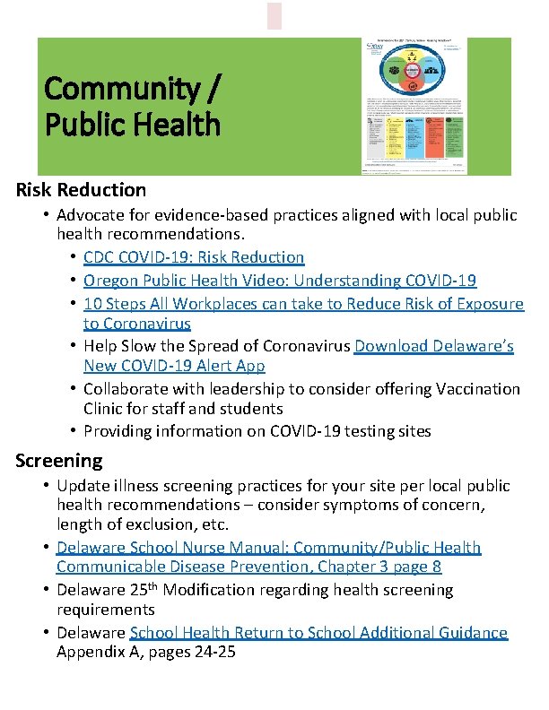 Community / Public Health Risk Reduction • Advocate for evidence-based practices aligned with local