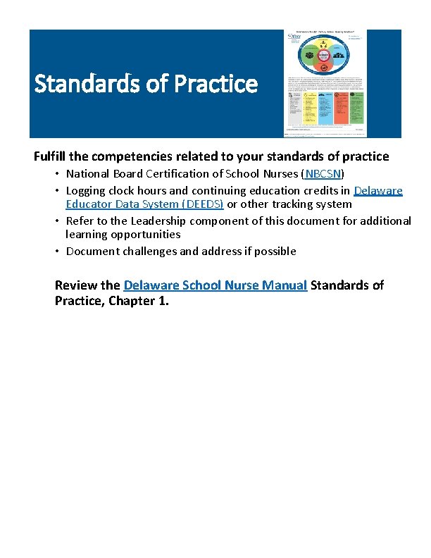 Standards of Practice Fulfill the competencies related to your standards of practice • National