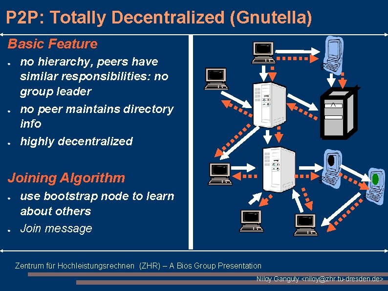 P 2 P: Totally Decentralized (Gnutella) Basic Feature ● ● ● no hierarchy, peers P 2 P: Totally Decentralized (Gnutella) Basic Feature ● ● ● no hierarchy, peers