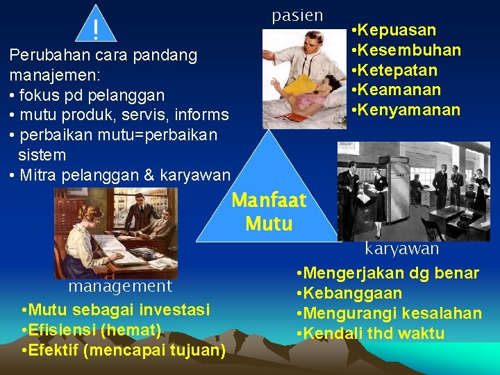 ! pasien Perubahan cara pandang manajemen: • fokus pd pelanggan • mutu produk, servis,