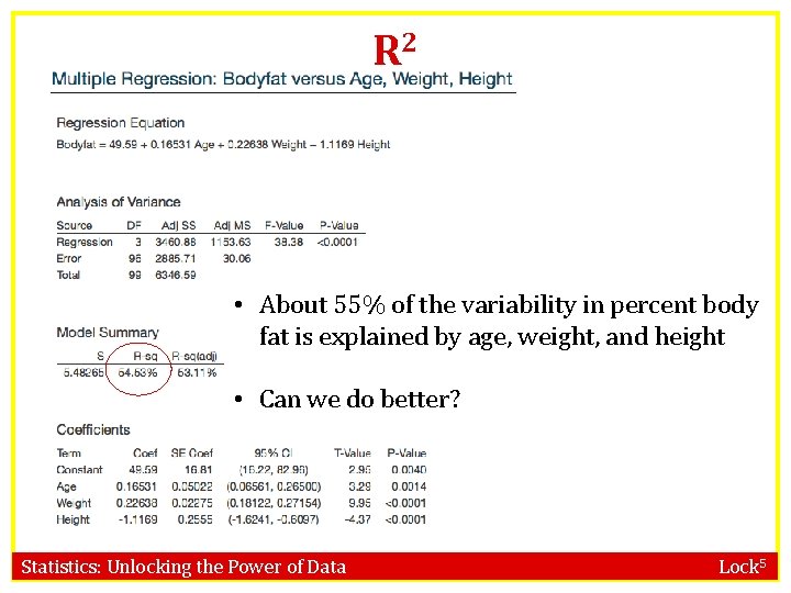 R 2 • About 55% of the variability in percent body fat is explained