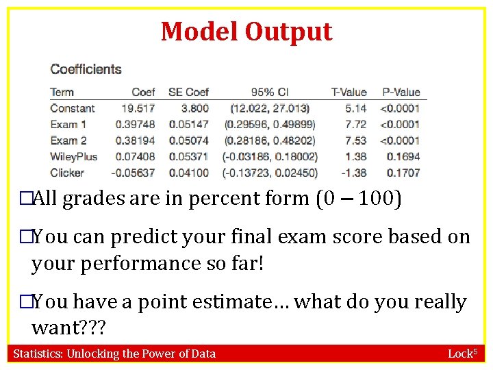 Model Output �All grades are in percent form (0 – 100) �You can predict