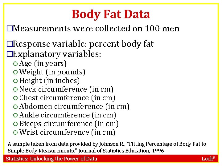 Body Fat Data �Measurements were collected on 100 men �Response variable: percent body fat