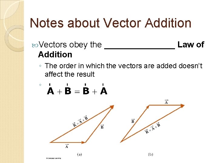 Notes about Vector Addition Vectors obey the ________ Law of Addition ◦ The order