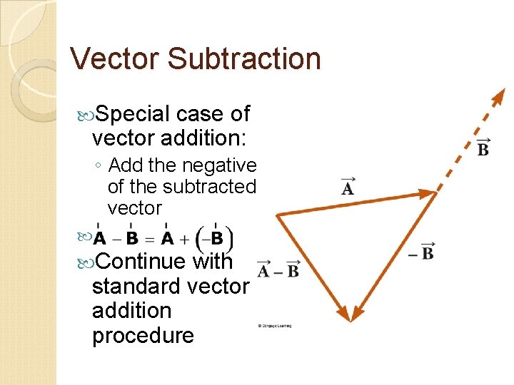 Vector Subtraction Special case of vector addition: ◦ Add the negative of the subtracted